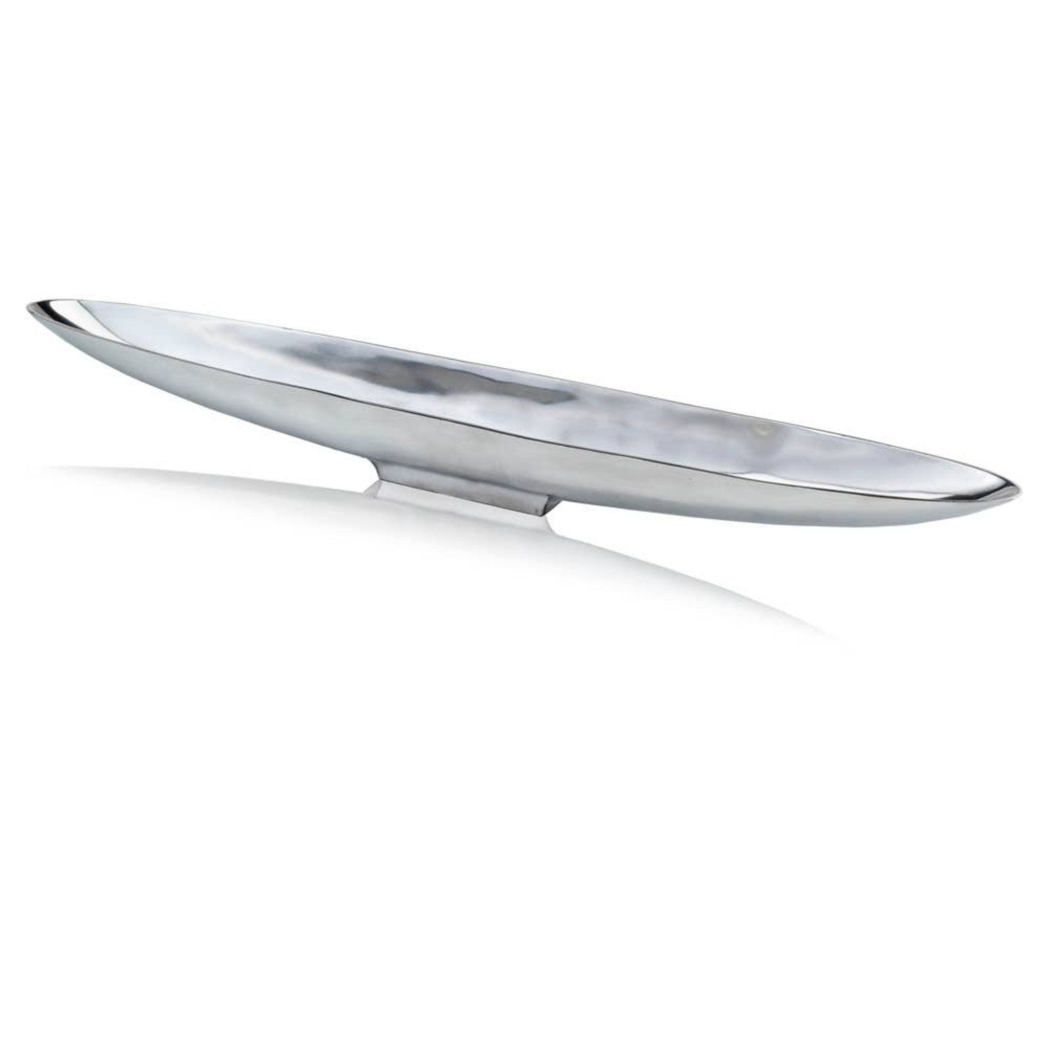 Barco XXL long boat tray in brushed silver metal with raised rim and curved edges