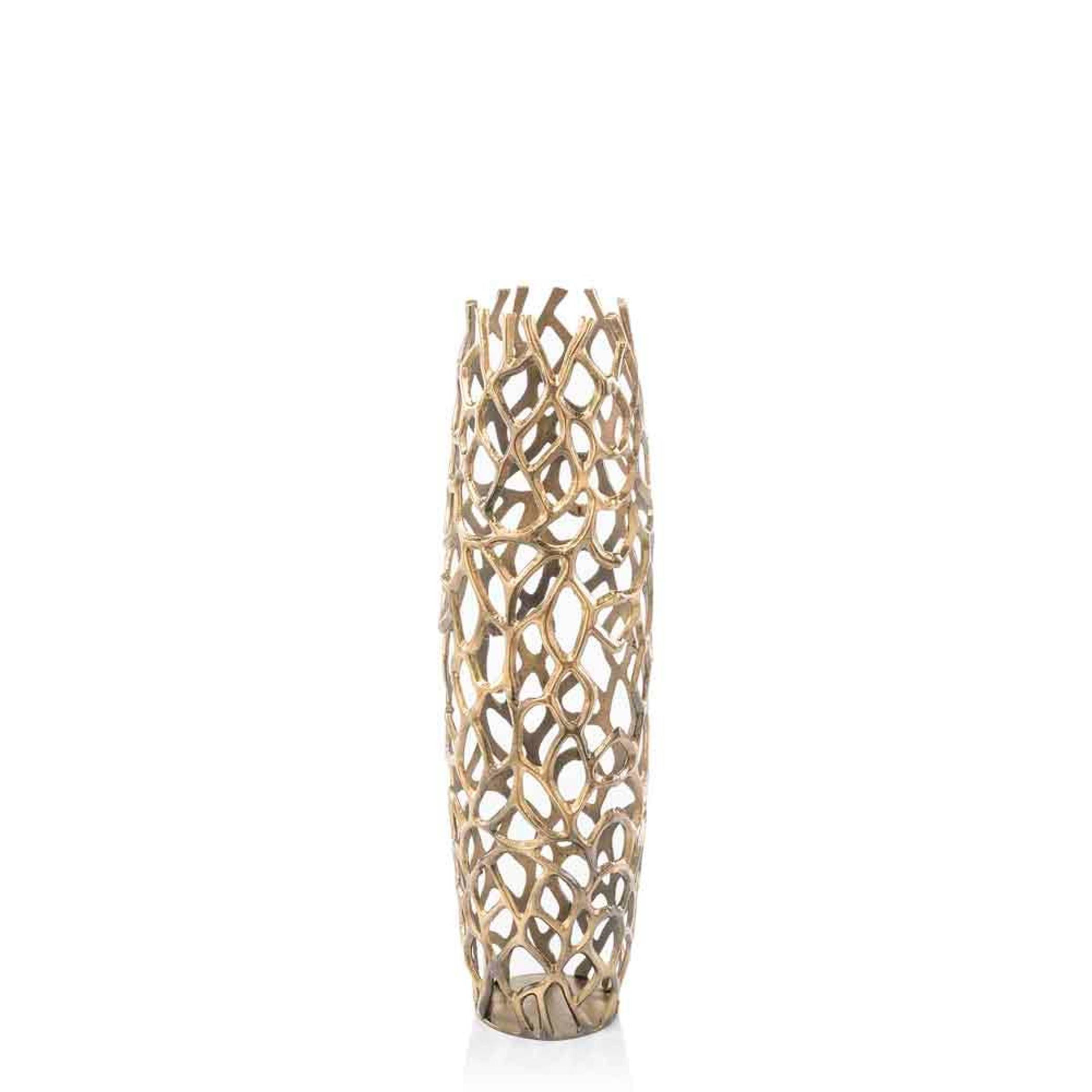 Tall gold barrel floor vase with twig-style open lattice pattern