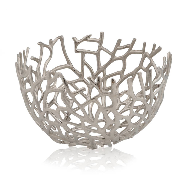 Decorative round bowl with open twig-style lattice, gray metallic finish