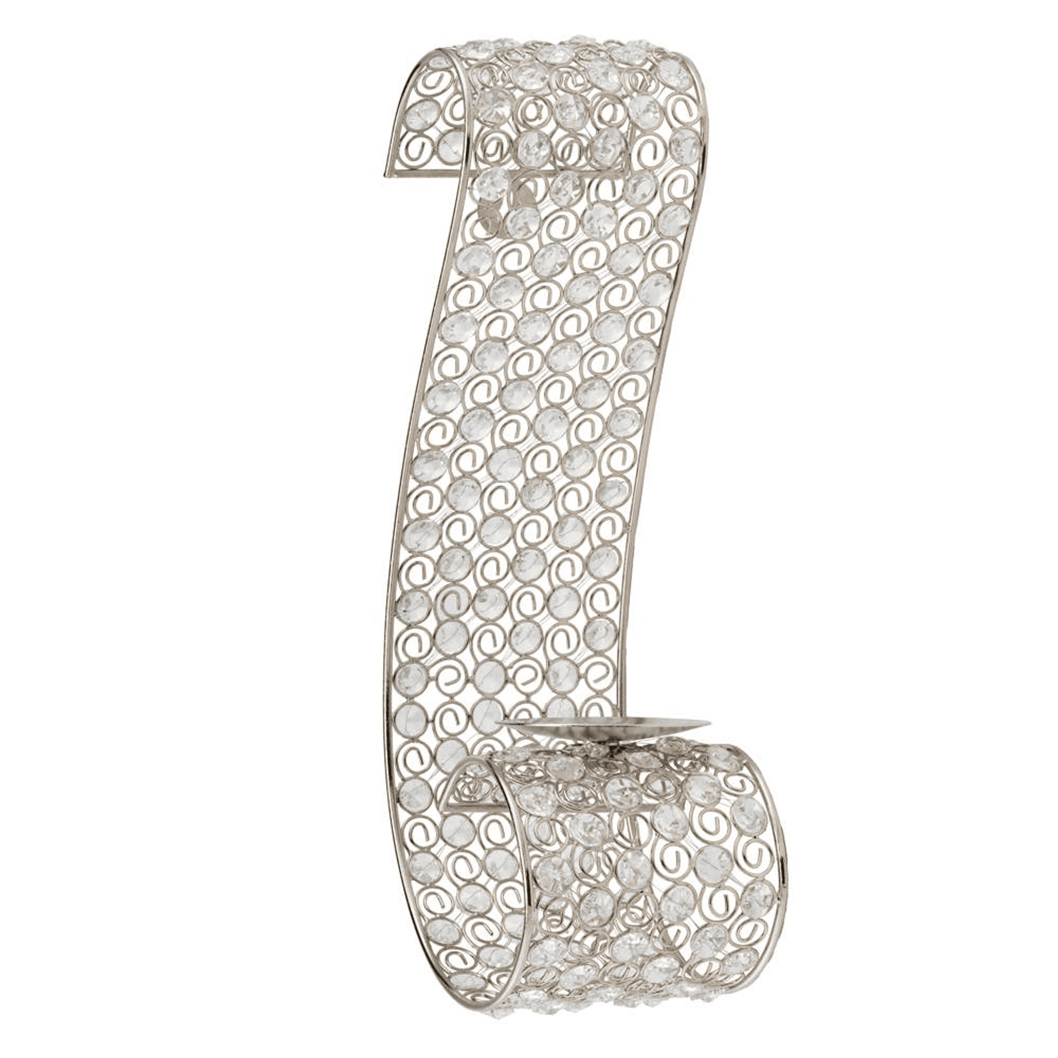 Crystal scroll wall sconce with filigree metal frame and clear glass shade