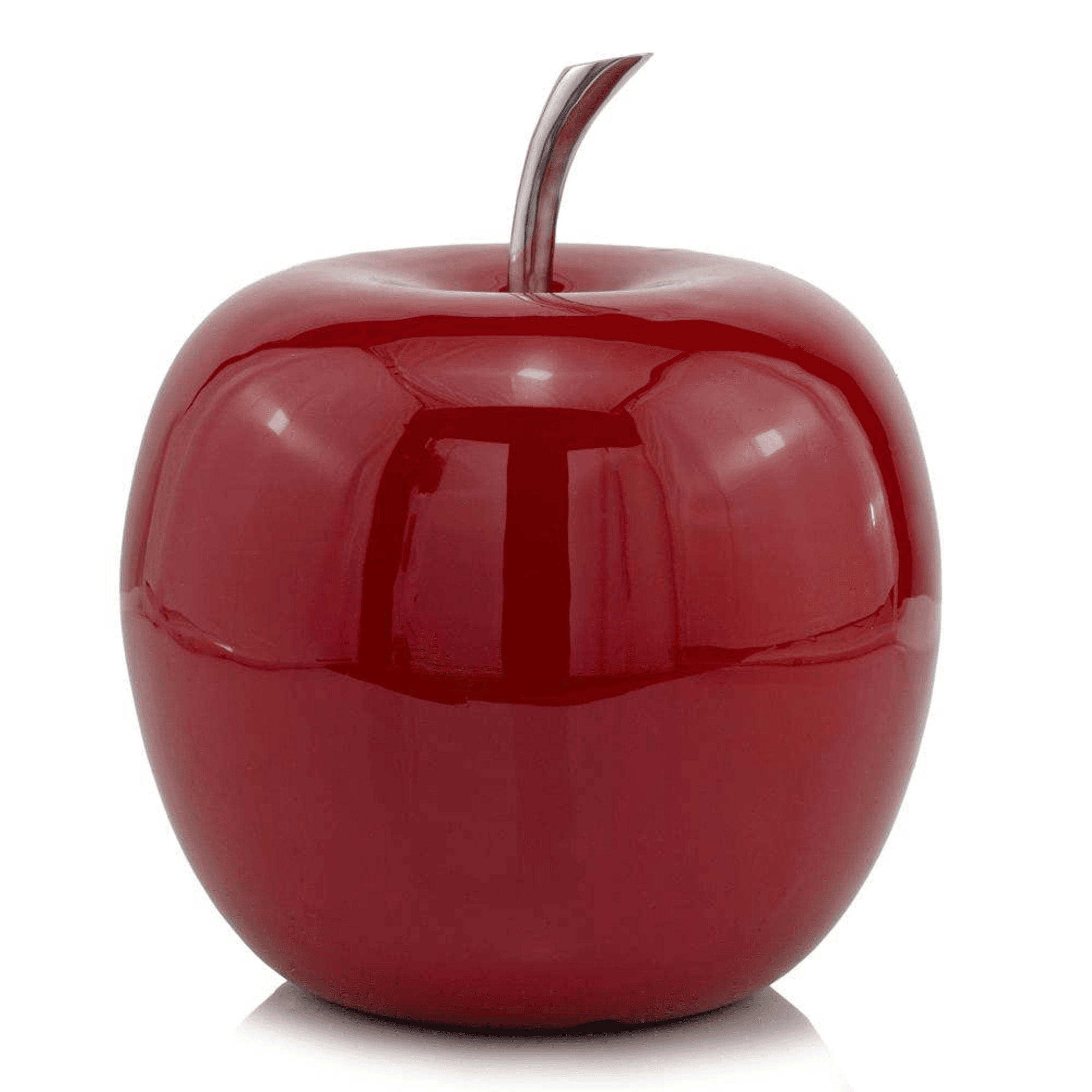 Red glossy apple-shaped decorative object with curved stem