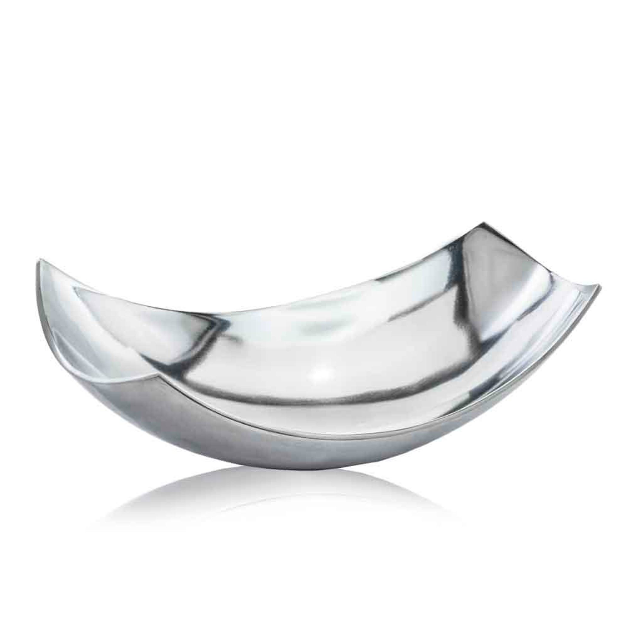 Cucha small scoop bowl, reflective silver metal with a curved scoop shape.