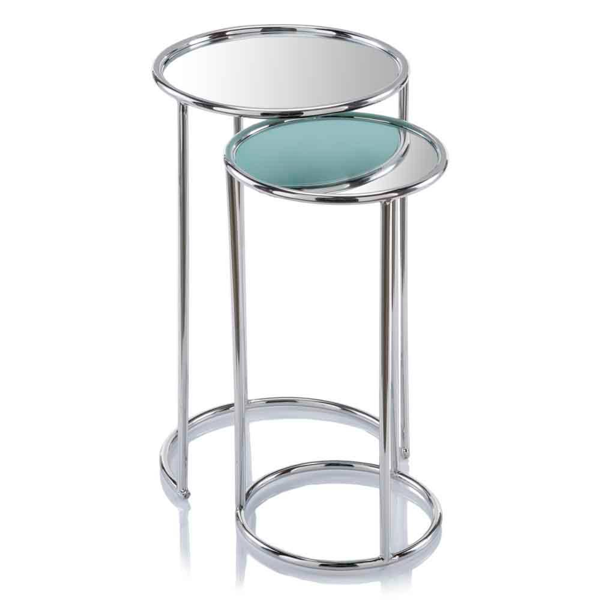 Nested mirror table set of 2, two round mirrored tops, chrome frames