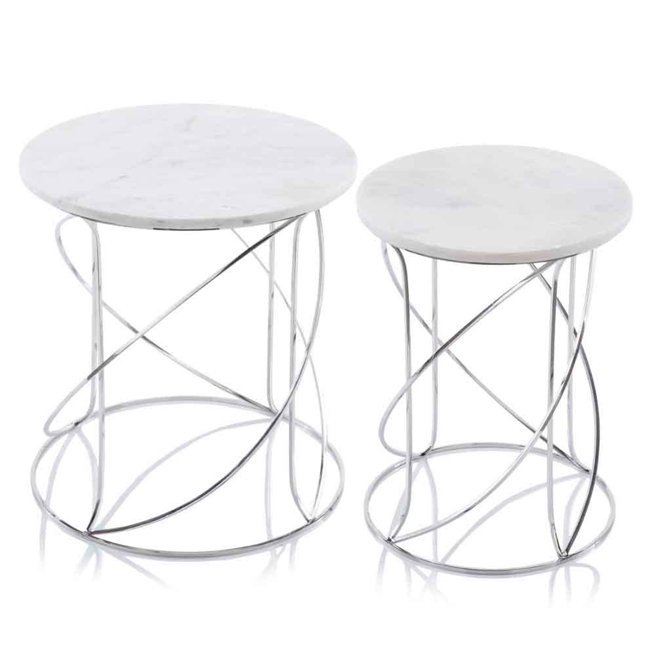 Set of 2 round white marble nested tables with chrome wire X legs