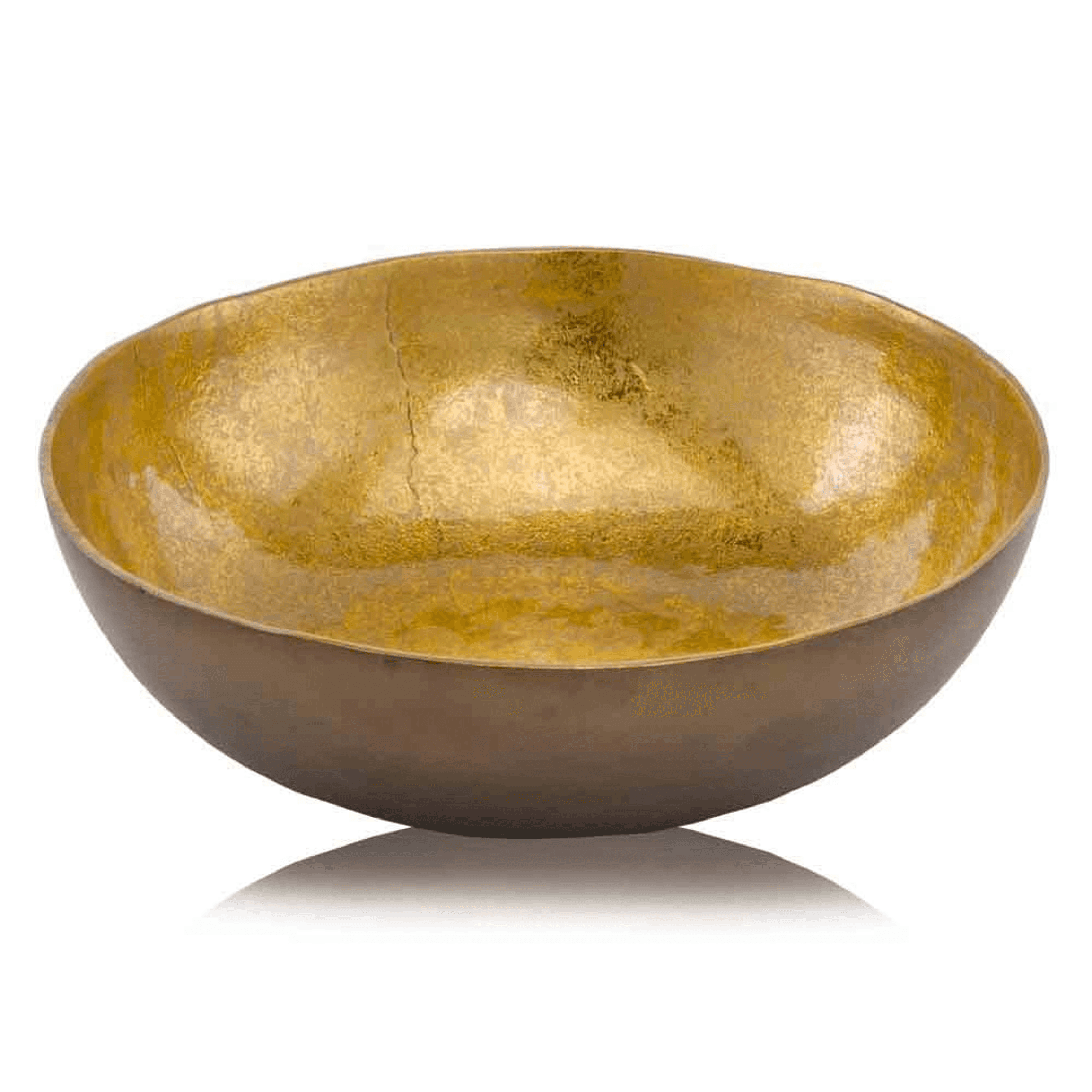 Large round metal bowl with hammered gold interior and dark bronze outer finish