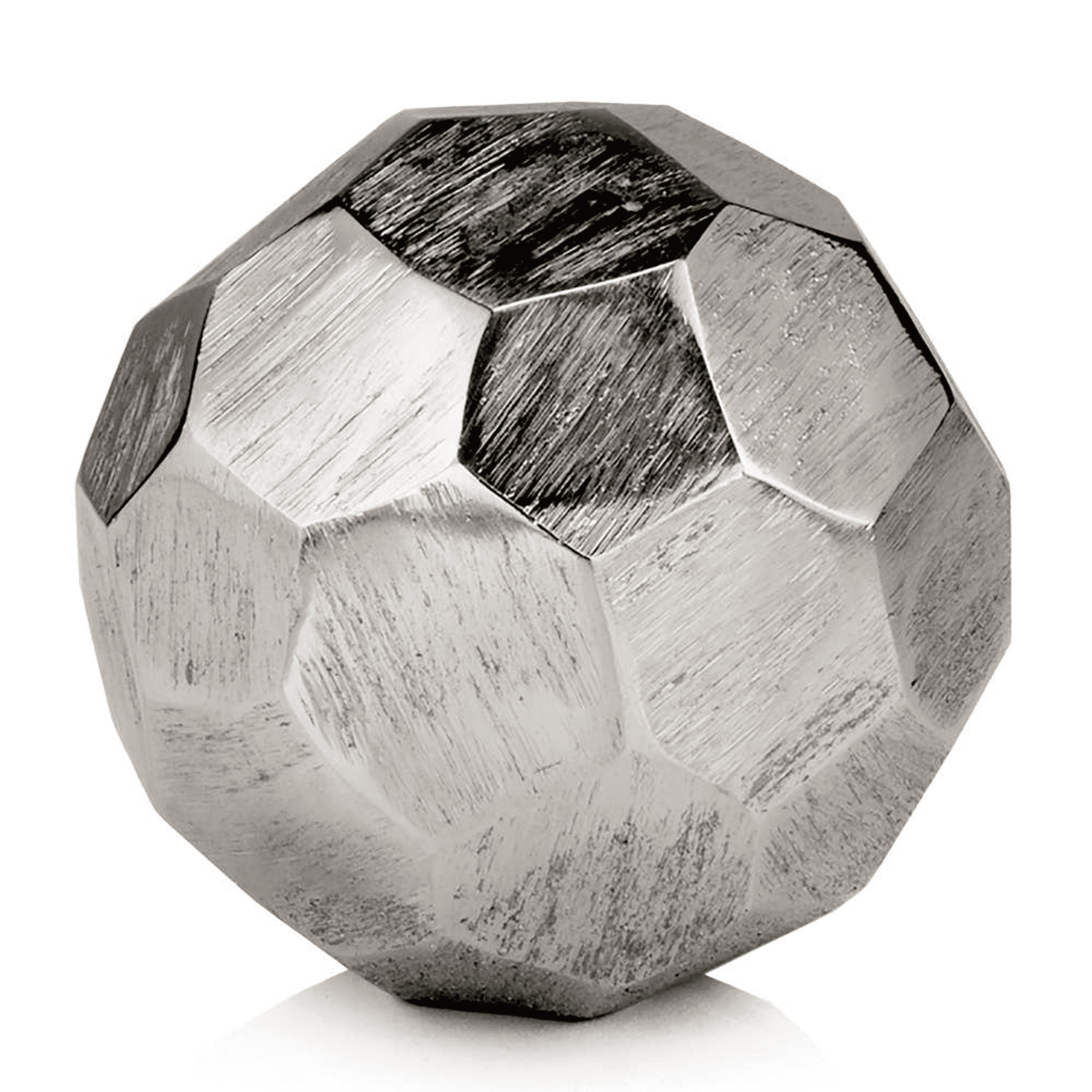 Faceted silver sphere with angular cut surfaces