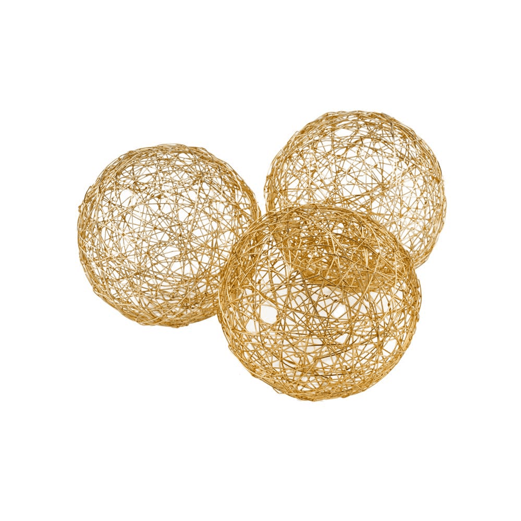 Set of three 5-inch gold wire spheres with open lattice mesh