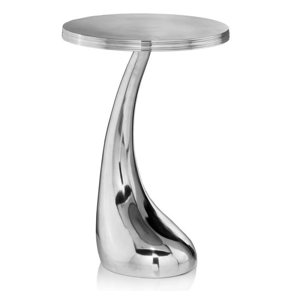 Round side table with curved chrome pedestal base
