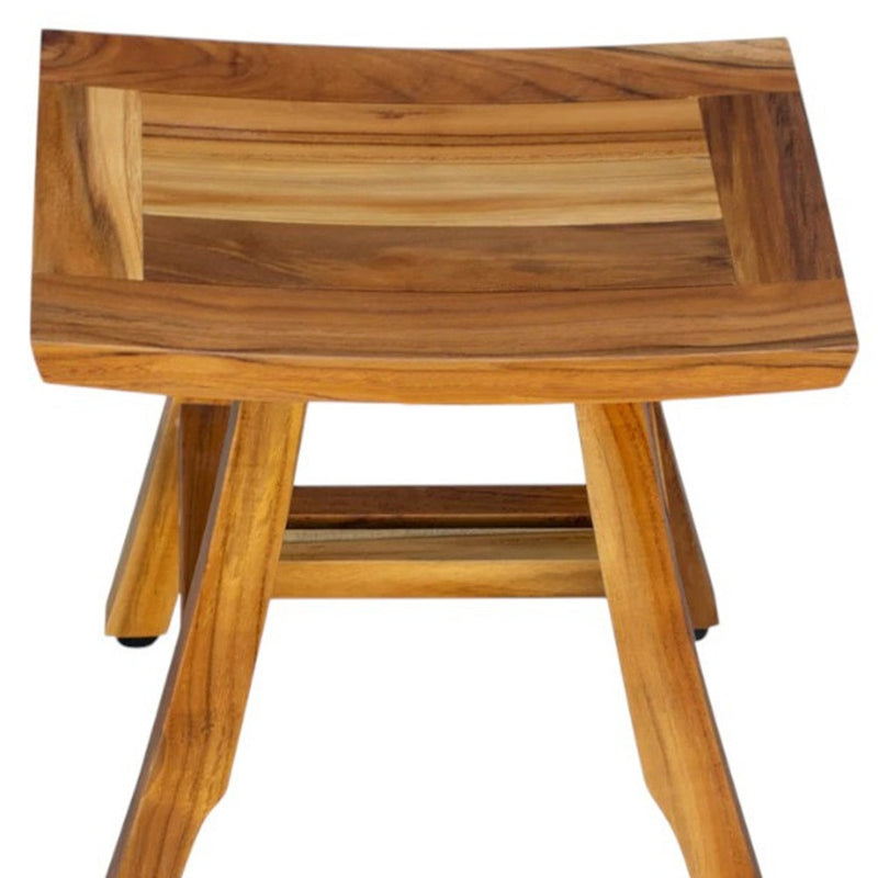 Teak shower bench front view with curved slatted seat and tapered legs