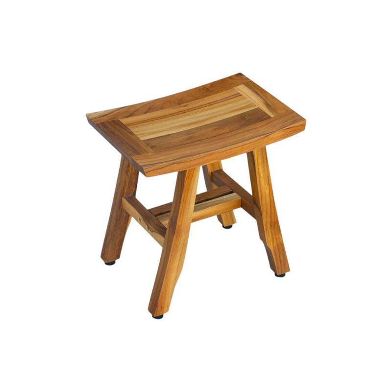 Natural teak shower bench with curved slatted top and lower support shelf