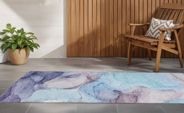 8' Runner Blue Abstract Washable Non Skid Indoor Outdoor Runner Rug