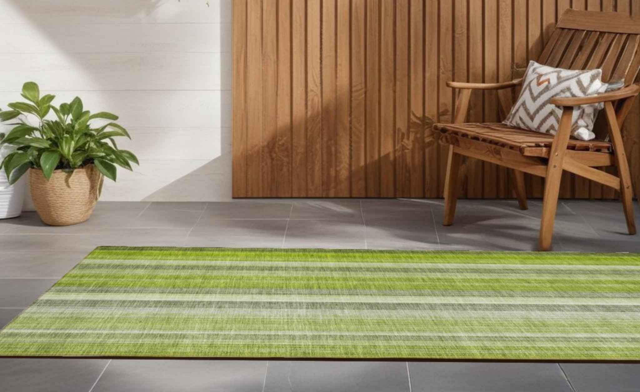 2' X 8' Green Striped Washable Non Skid Indoor Outdoor Runner Rug