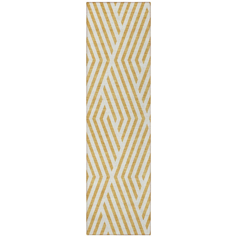 8' Runner Gold and White Geometric Washable Non Skid Indoor Outdoor Runner Rug