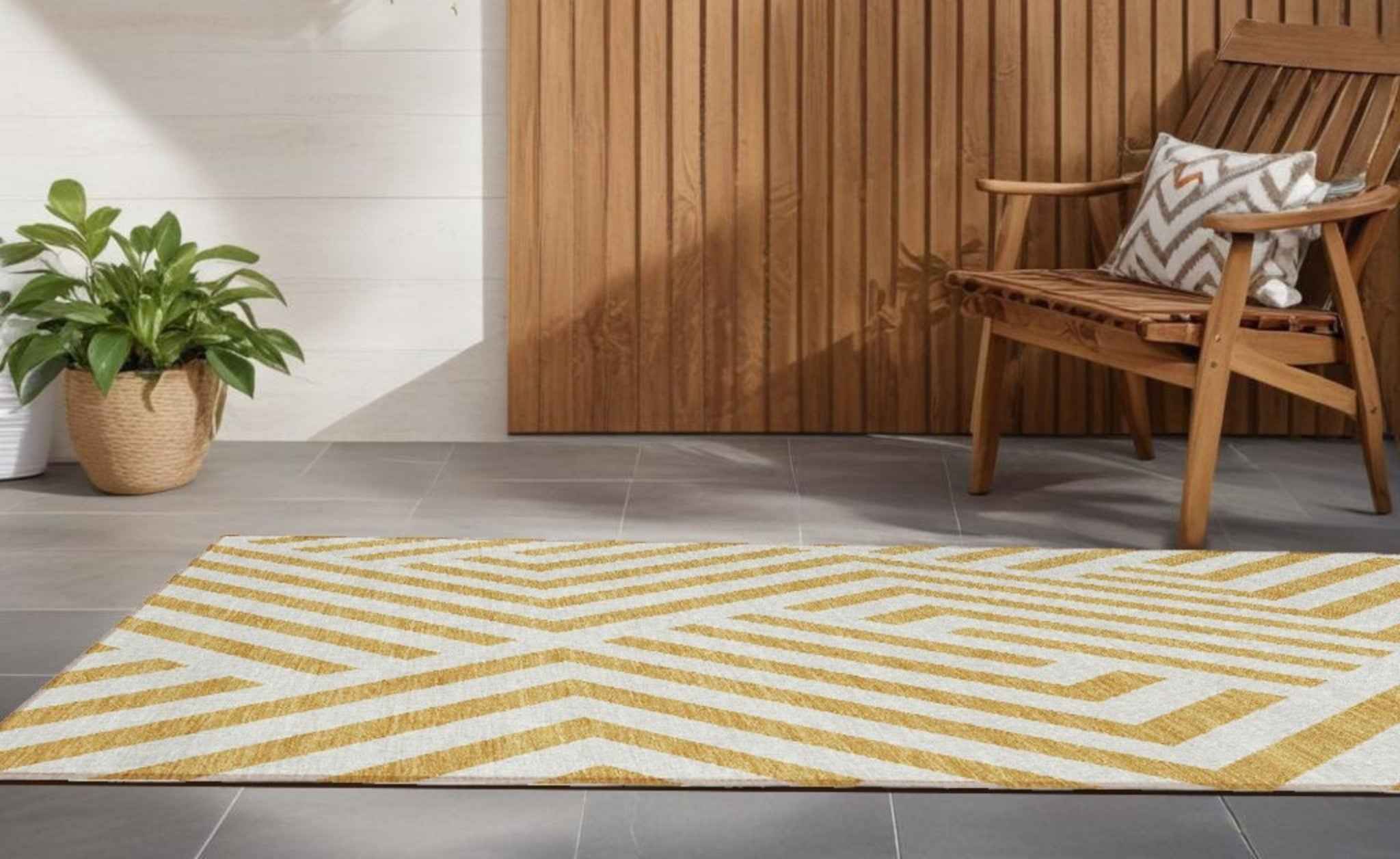 8' Runner Gold and White Geometric Washable Non Skid Indoor Outdoor Runner Rug