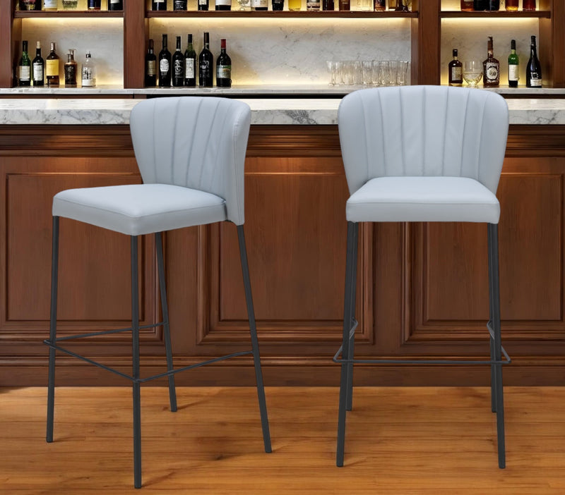Set of Two 29" Gray And Black Faux Leather And Steel Bar Height Bar Chairs
