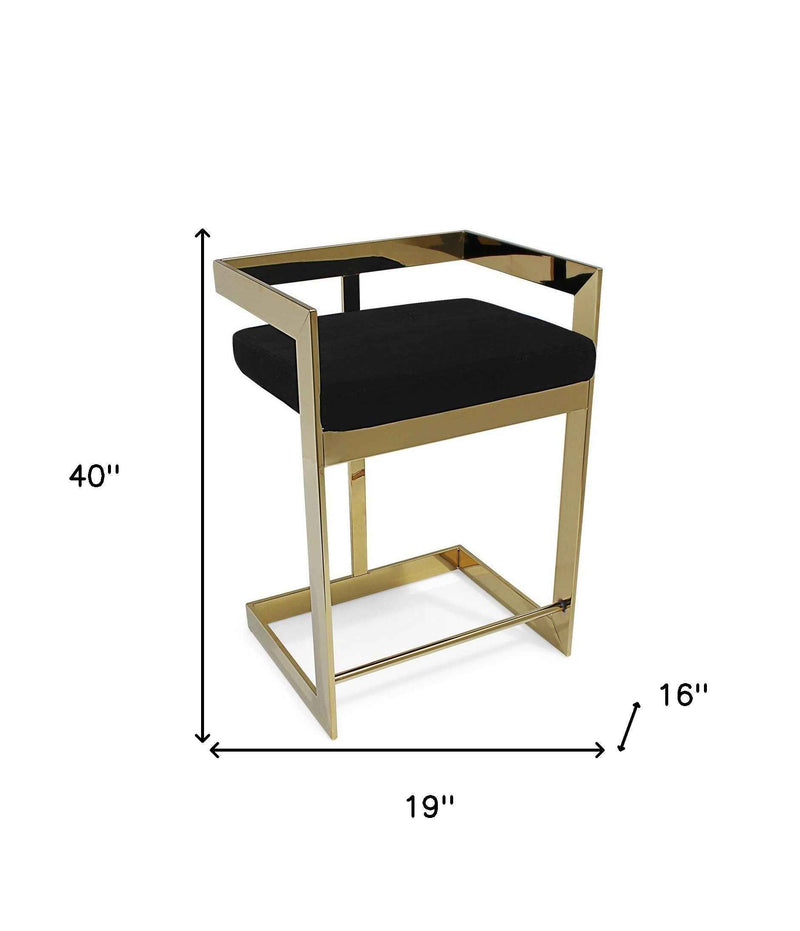 30" Black and Gold Velvet and Stainless Steel Low Back Bar Height Bar Chair
