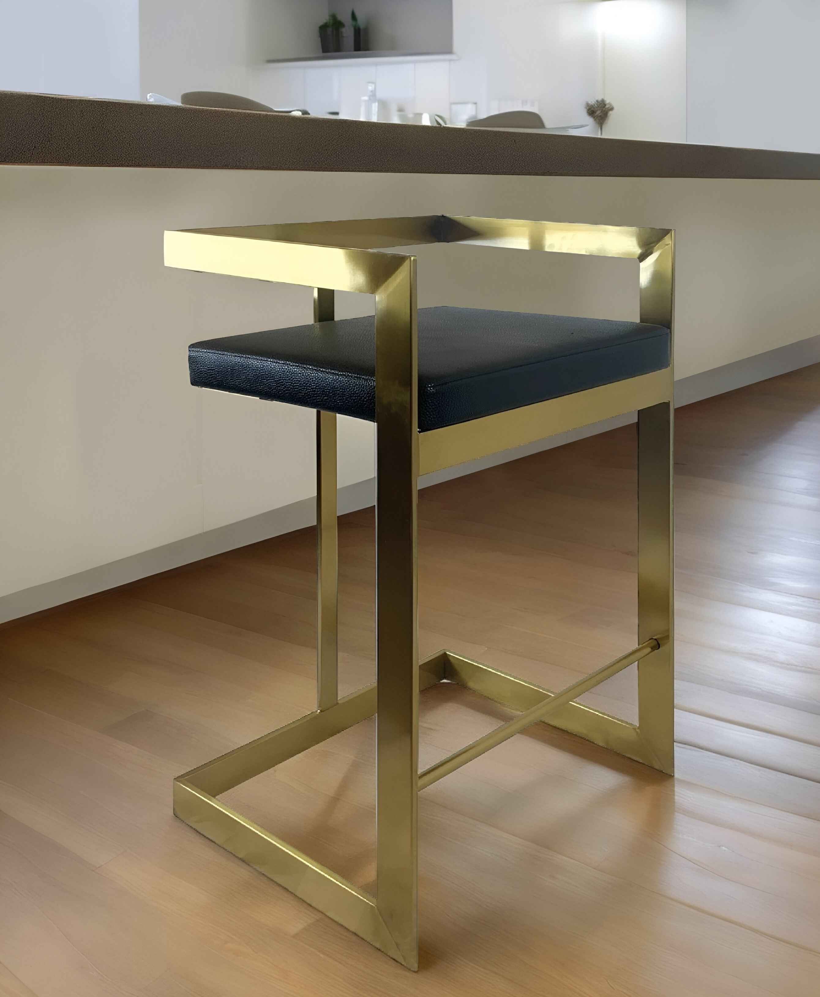 26" Black and Gold Faux Leather and Stainless Steel Low Back Counter Height Bar Chair