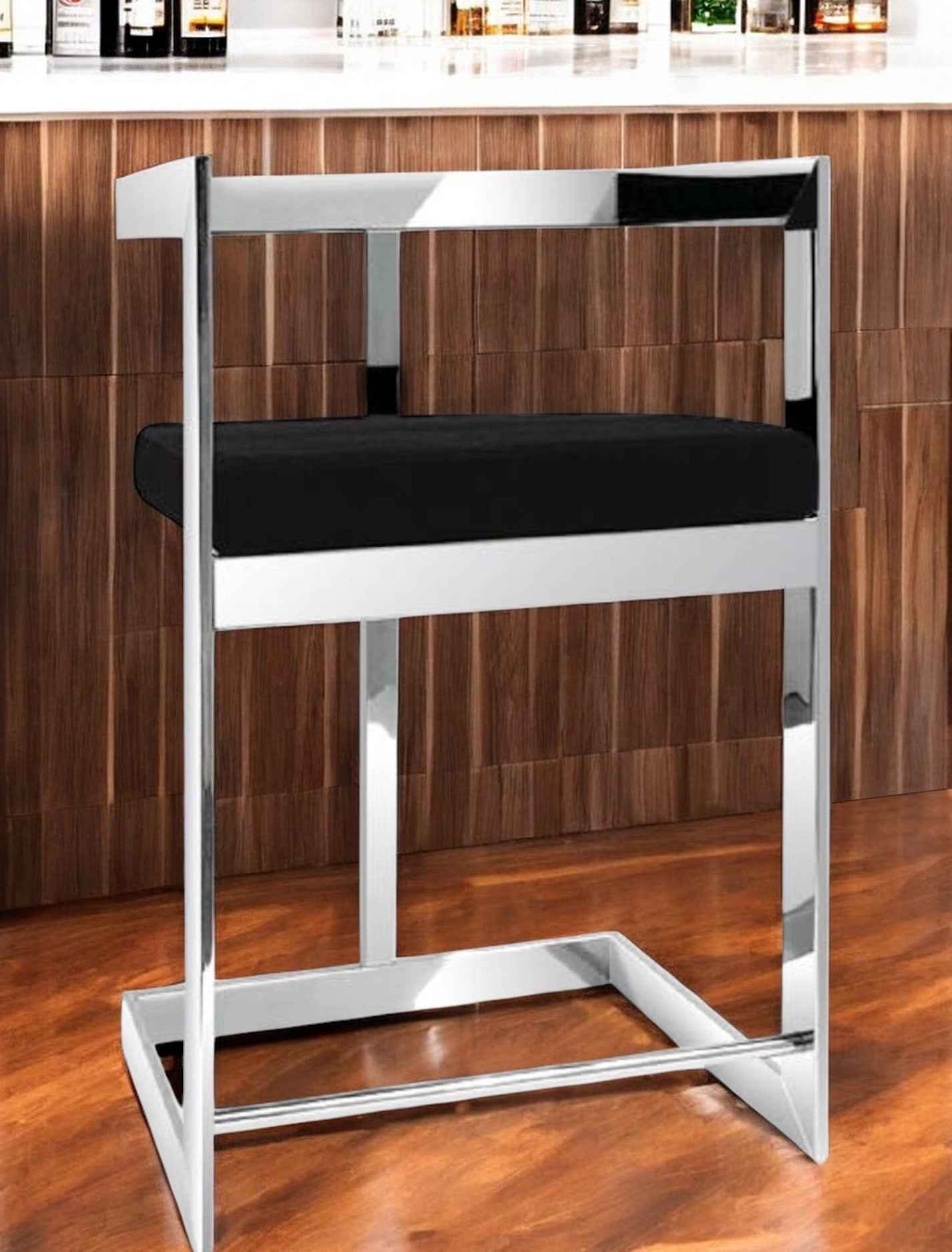 30" Black and Silver Velvet and Stainless Steel Low Back Bar Height Bar Chair