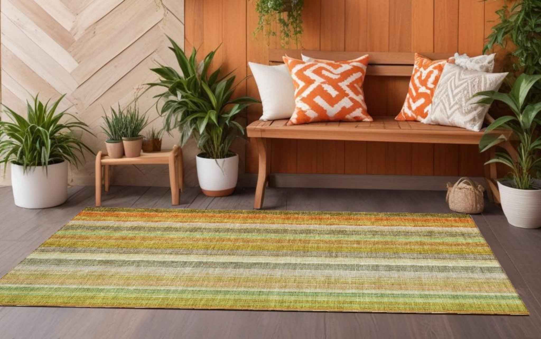 8' Runner Tan Orange and Green Striped Washable Non Skid Indoor Outdoor Runner Rug