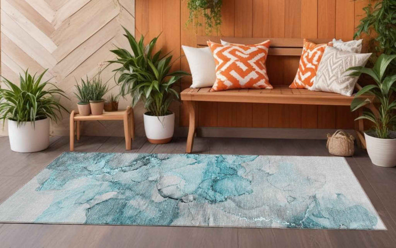 8' Runner Teal Abstract Washable Non Skid Indoor Outdoor Runner Rug