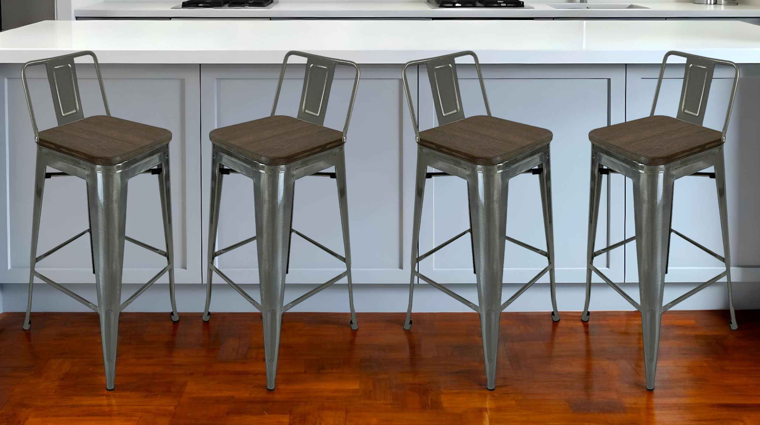 Set of Four 30" Brown and Gray Solid Wood and Metal Low Back Bar Height Bar Chairs