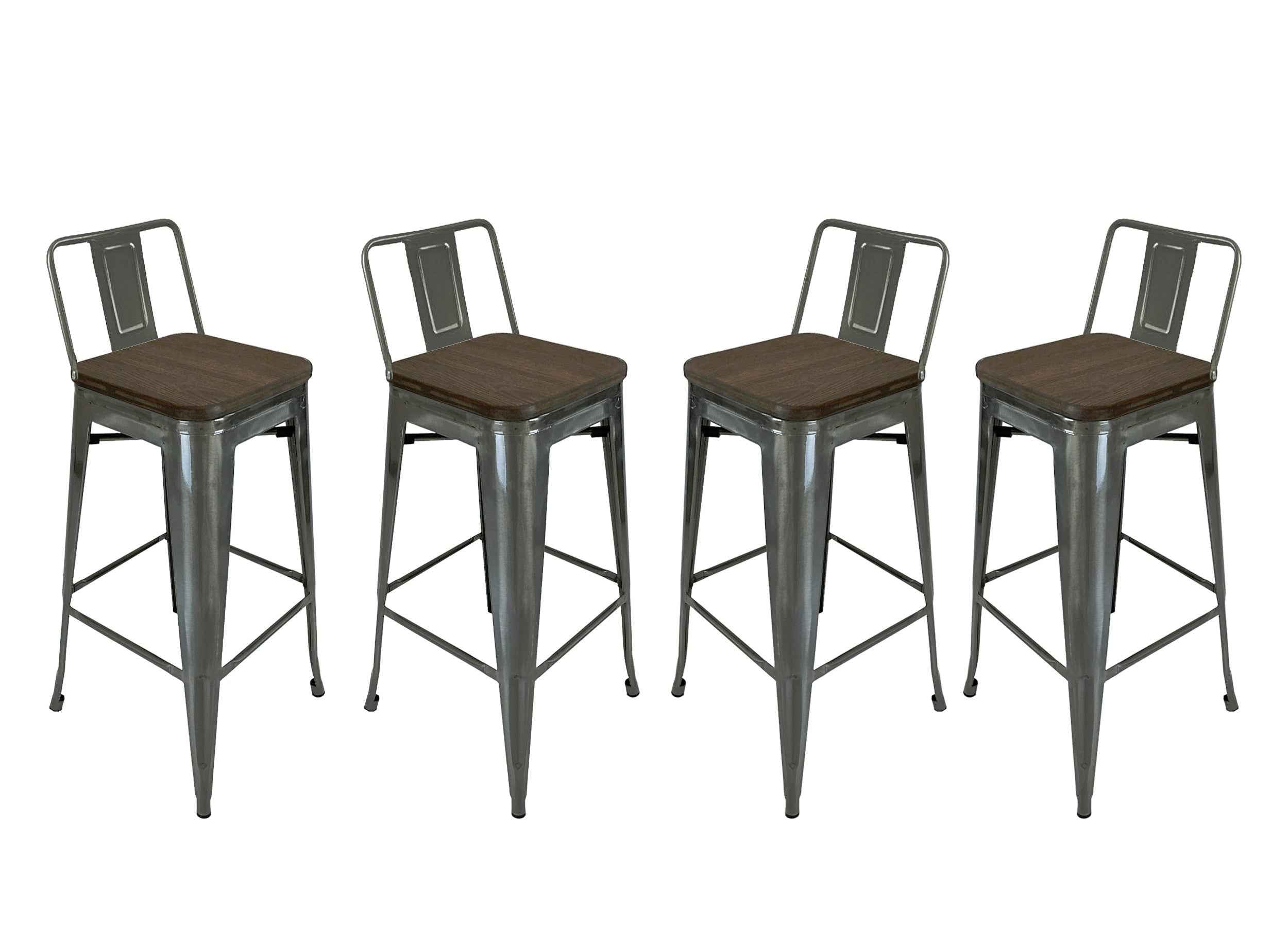 Set of Four 30" Brown and Gray Solid Wood and Metal Low Back Bar Height Bar Chairs