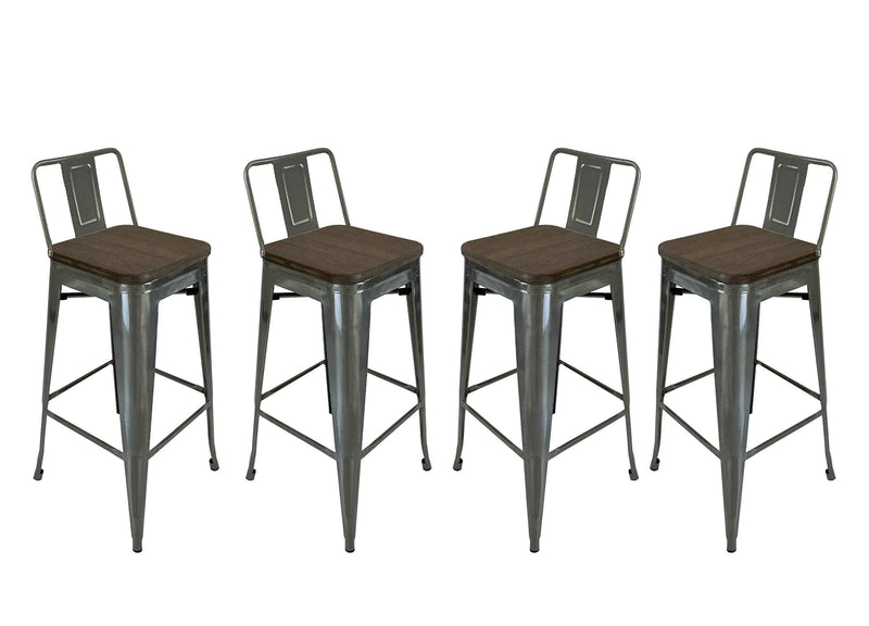 Set of Four 30" Brown and Gray Solid Wood and Metal Low Back Bar Height Bar Chairs
