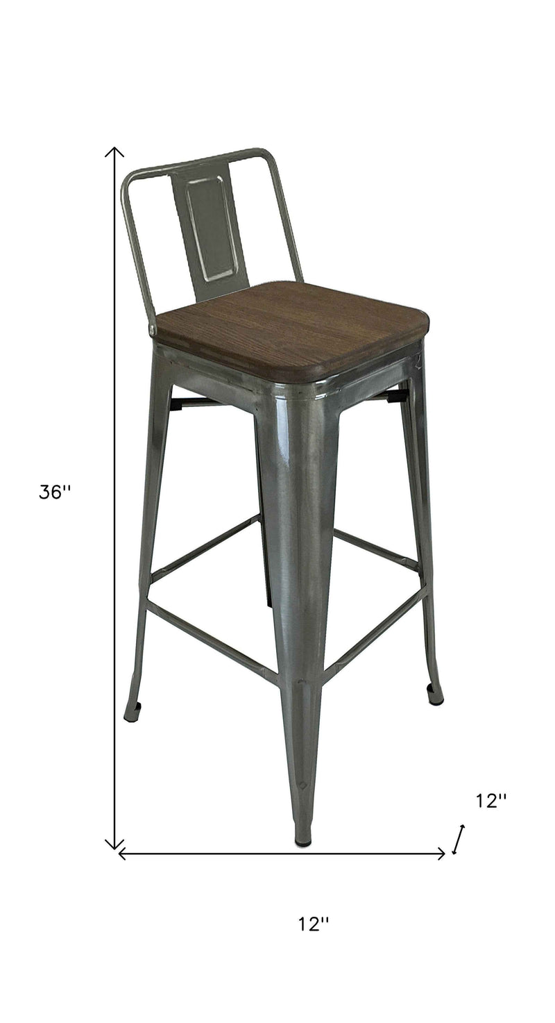 Set of Four 30" Brown and Gray Solid Wood and Metal Low Back Bar Height Bar Chairs