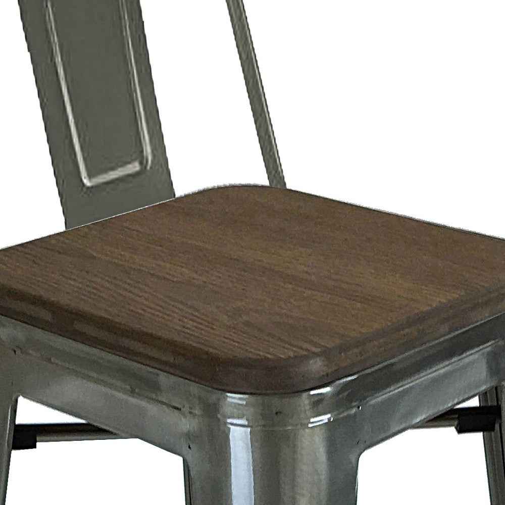 Set of Four 30" Brown and Gray Solid Wood and Metal Low Back Bar Height Bar Chairs