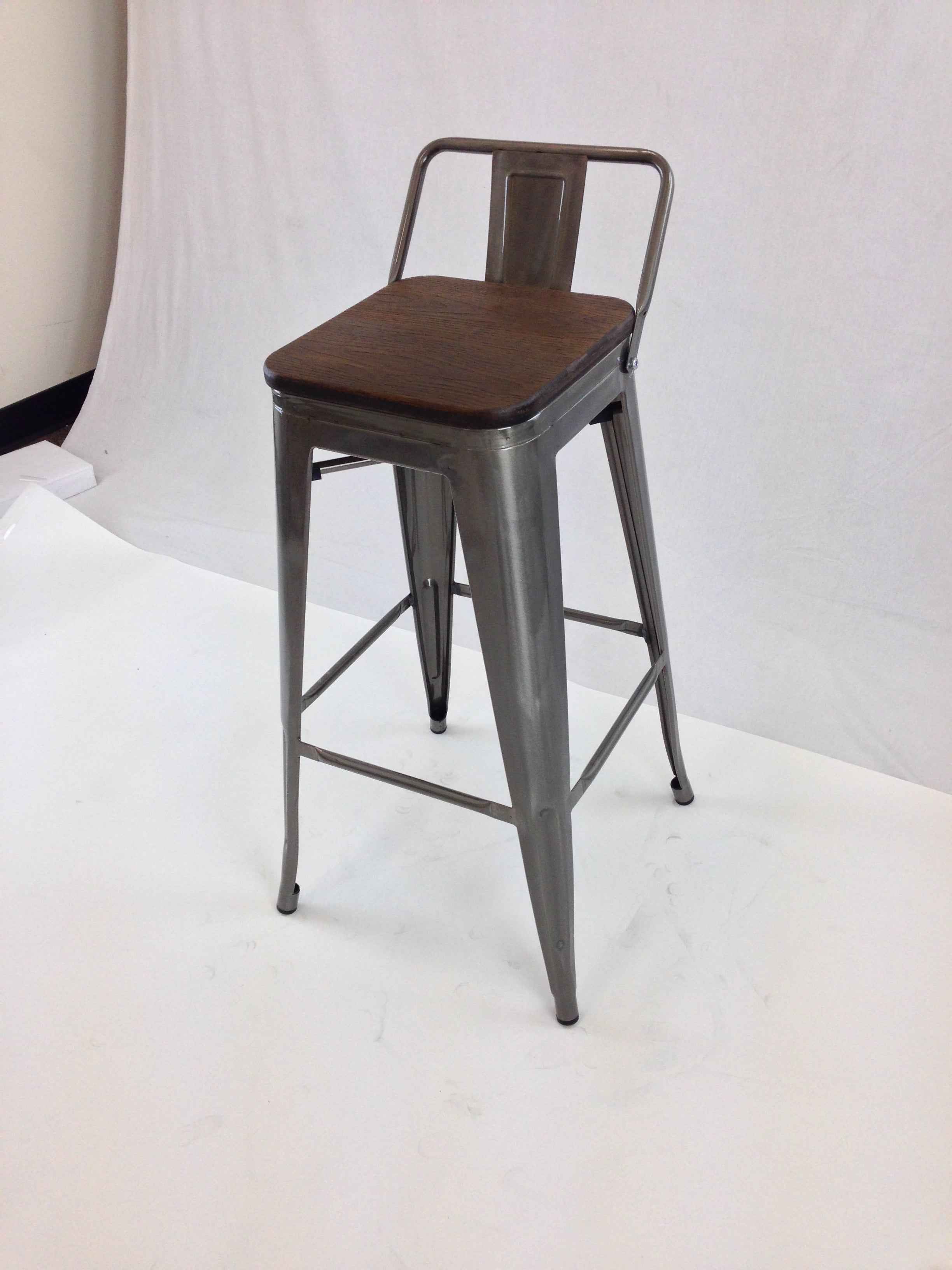 Set of Four 30" Brown and Gray Solid Wood and Metal Low Back Bar Height Bar Chairs