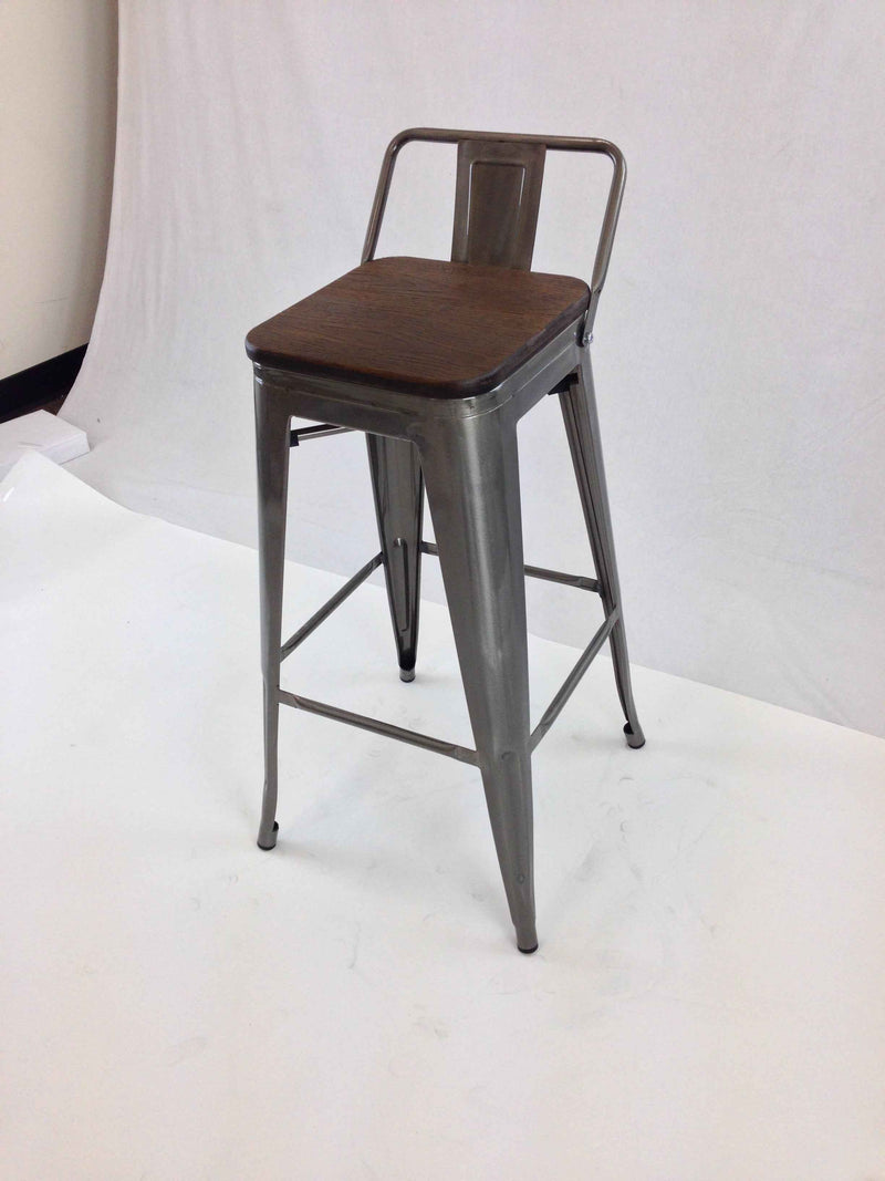 Set of Four 30" Brown and Gray Solid Wood and Metal Low Back Bar Height Bar Chairs