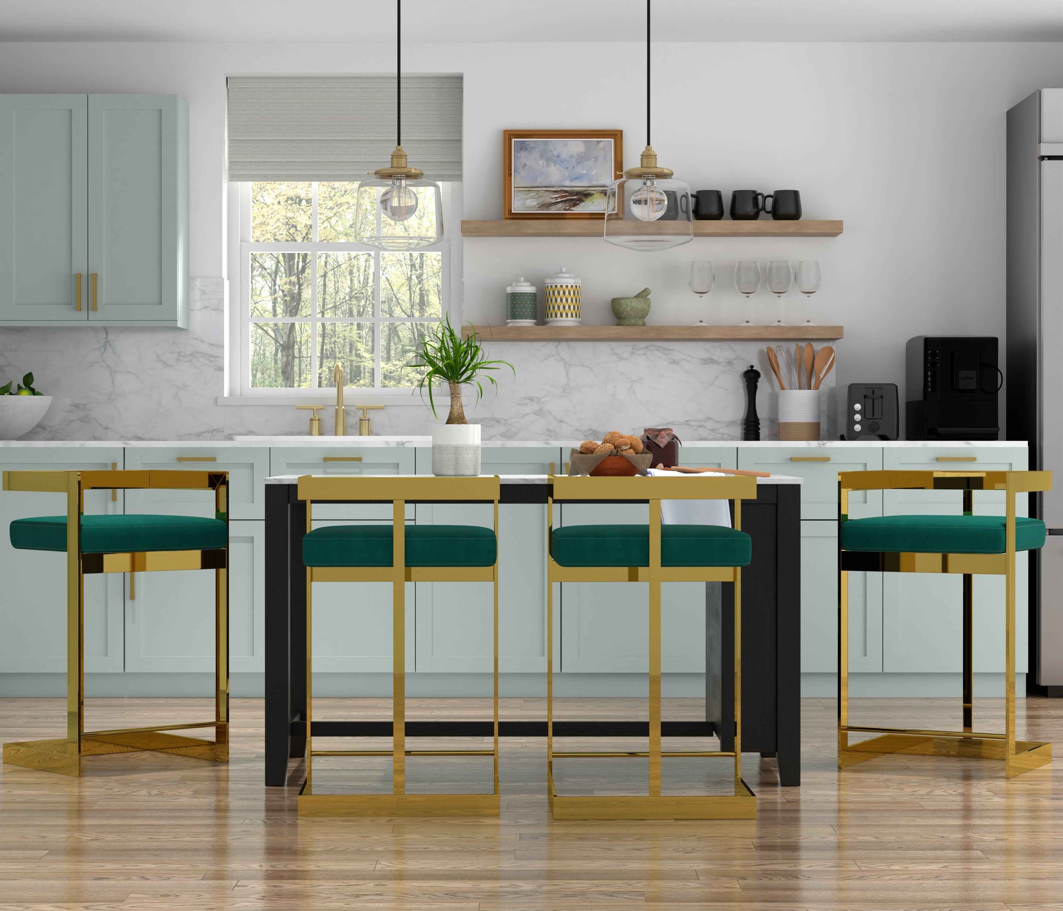 26" Green and Gold Velvet and Stainless Steel Backless Bar Height Bar Chair