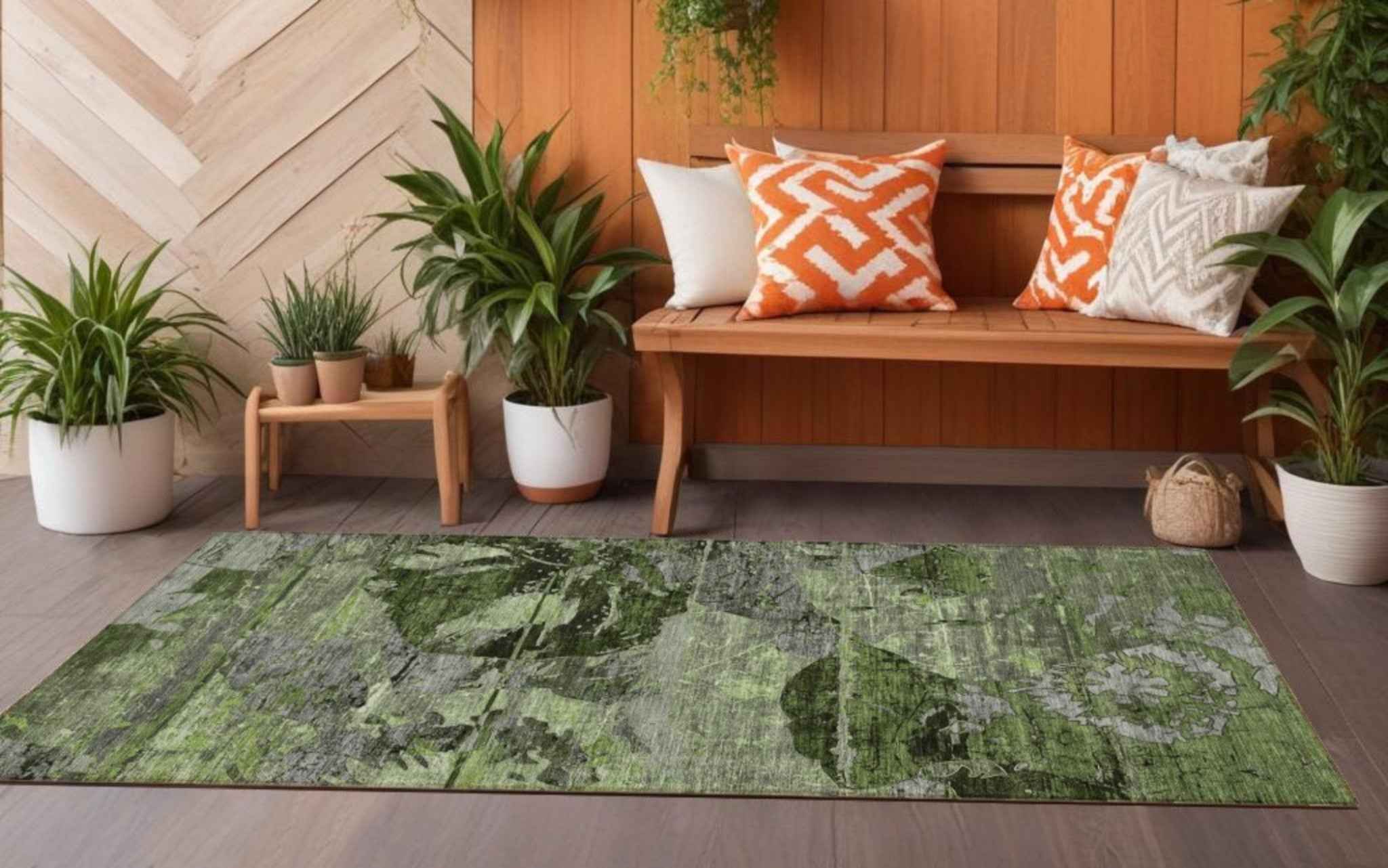 2' X 8' Green and Gray Abstract Washable Indoor Outdoor Runner Rug