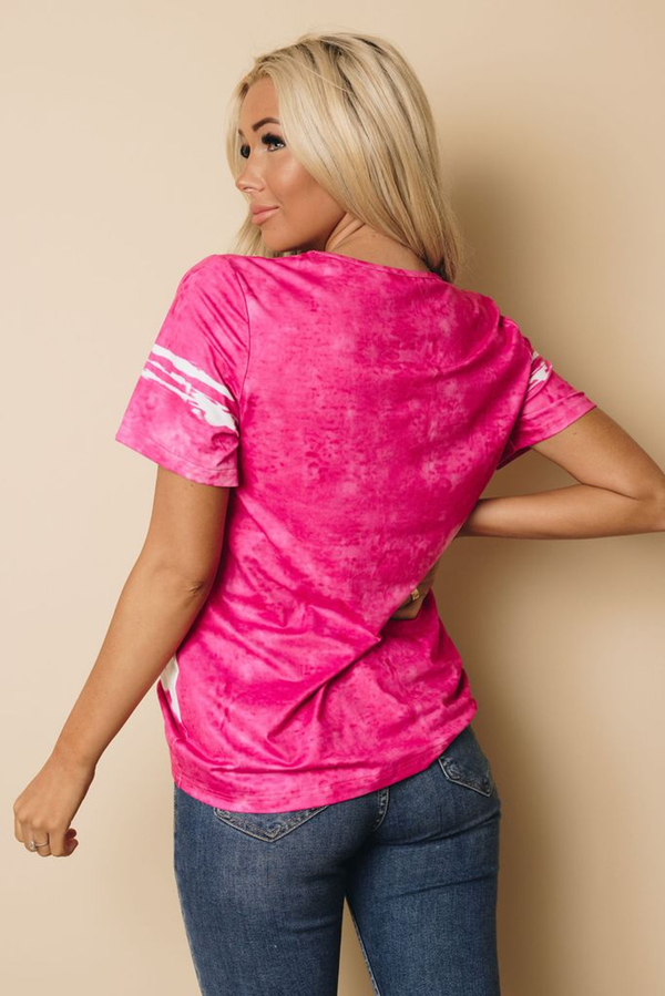 Pink tie-dyed back T-shirt with white sleeve stripe detail