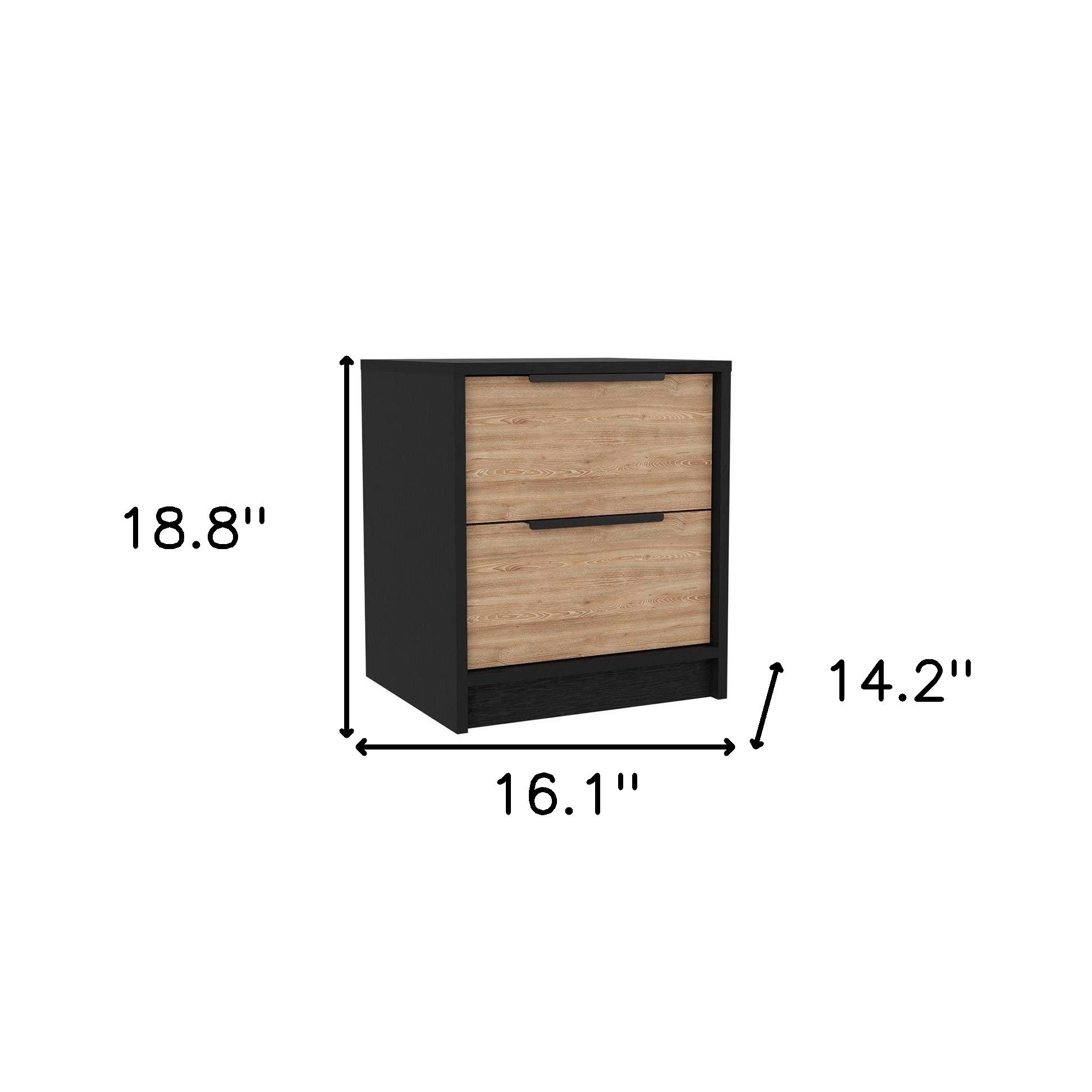 Black nightstand with two drawers; size diagram shows 18.8 in height