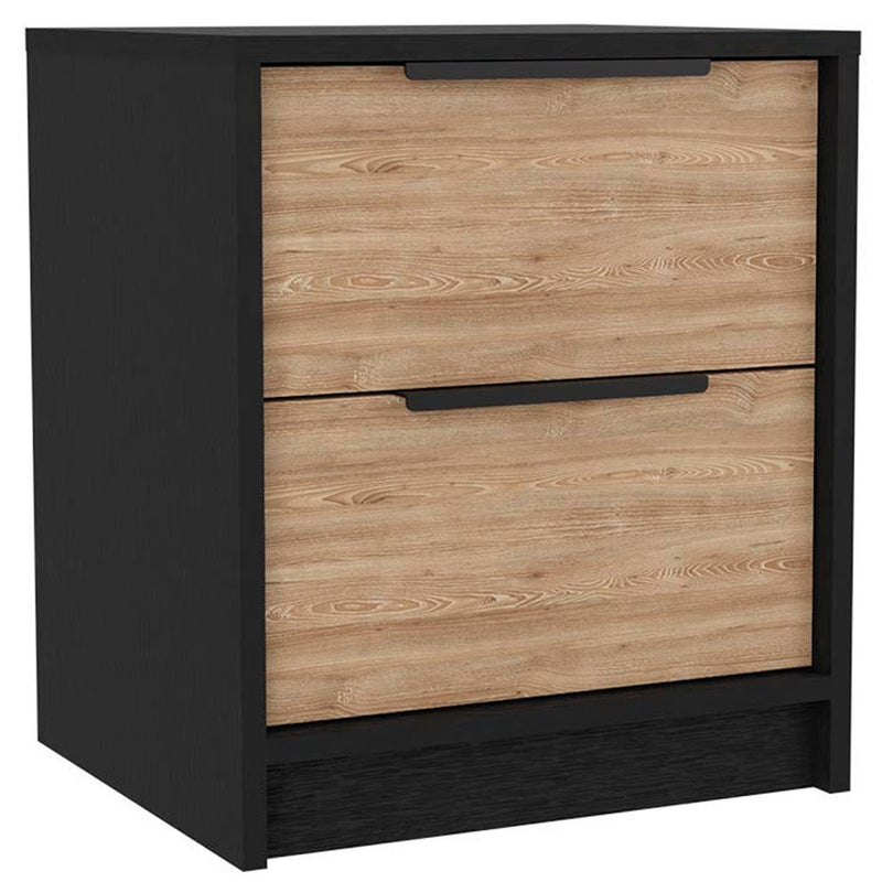 Two-drawer nightstand with black frame and light wood drawer fronts