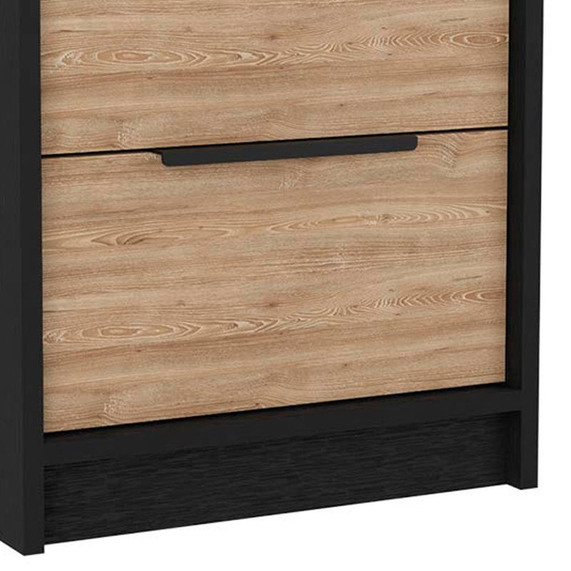 Wood drawer front with black bar pull and dark base panel