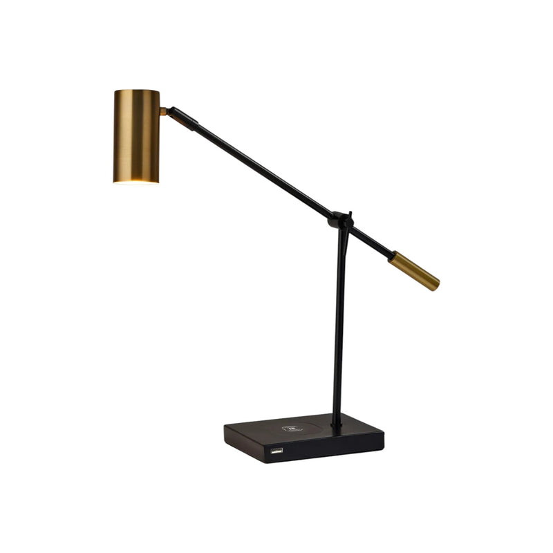 22" Black Metal Swing Arm LED Desk Lamp With USB And Antiqued Gold Cylinder Shade - Lighting