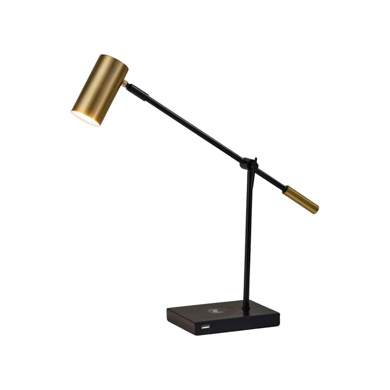 22" Black Metal Swing Arm LED Desk Lamp With USB And Antiqued Gold Cylinder Shade - Lighting