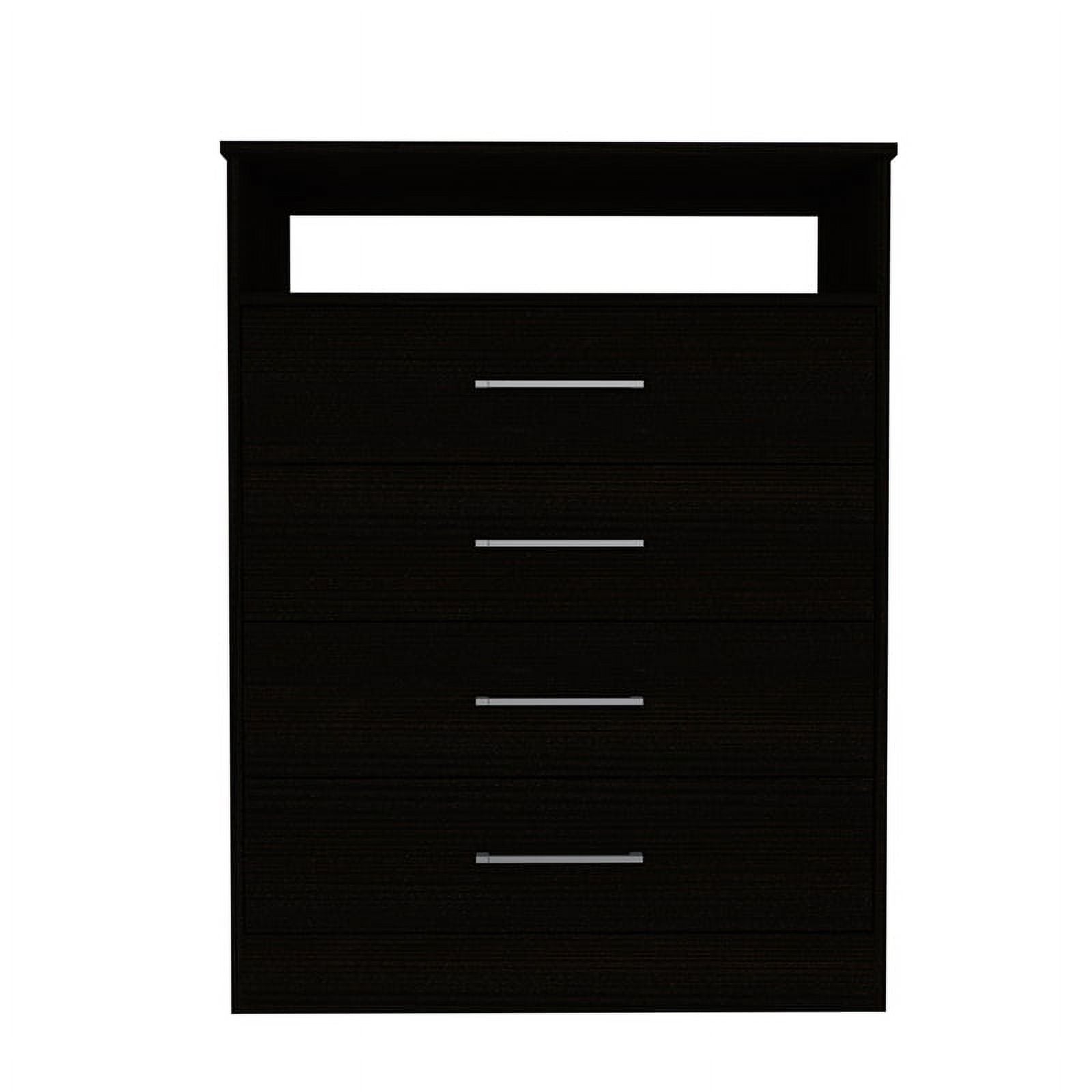 Black wooden nightstand with three drawers and an open top shelf