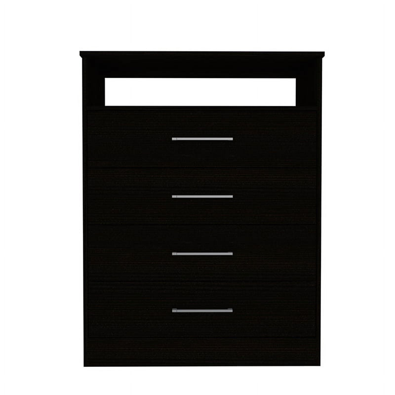 Black wooden nightstand with three drawers and an open top shelf