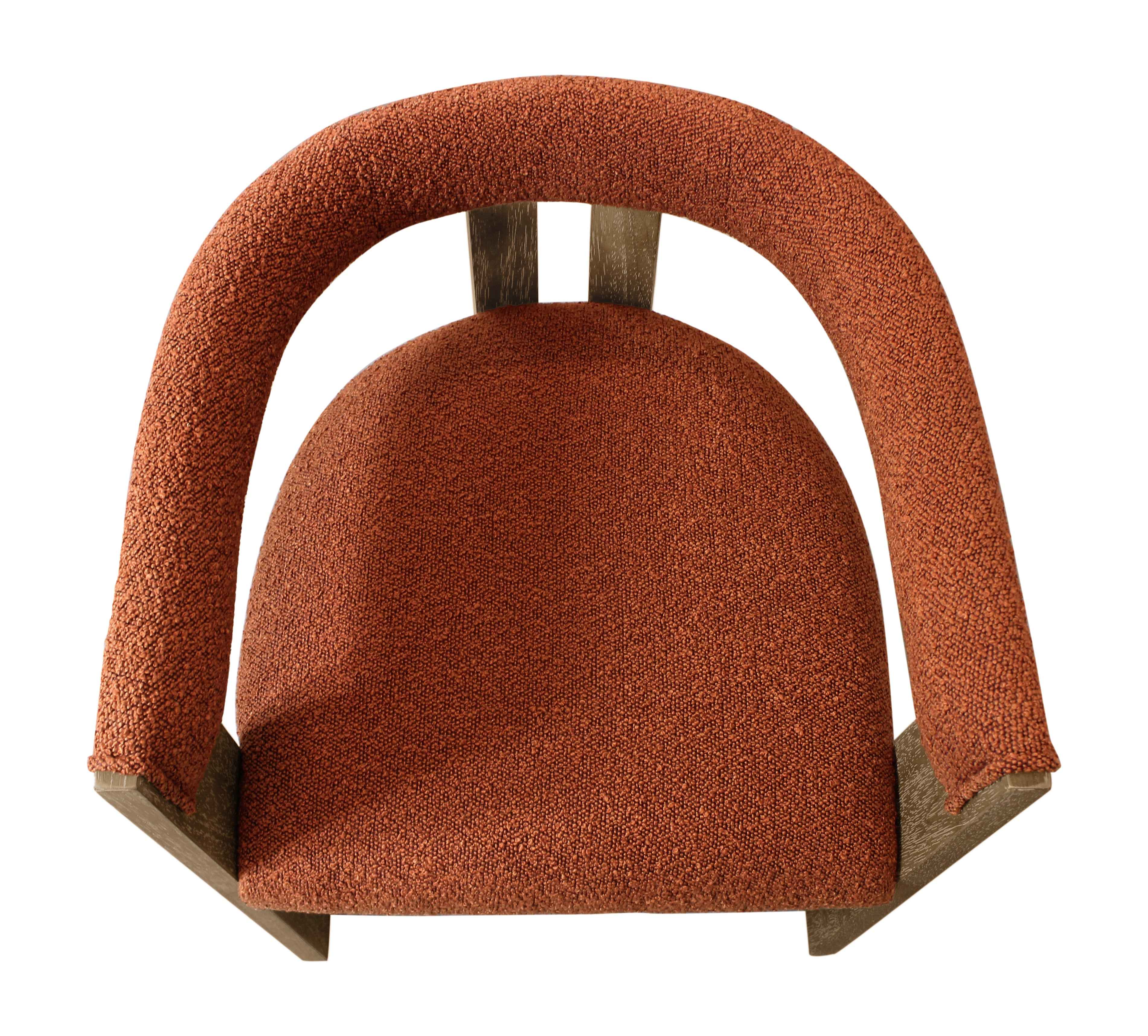 Burnt Orange and Brown Upholstered Boucle Open Back Dining Arm Chair