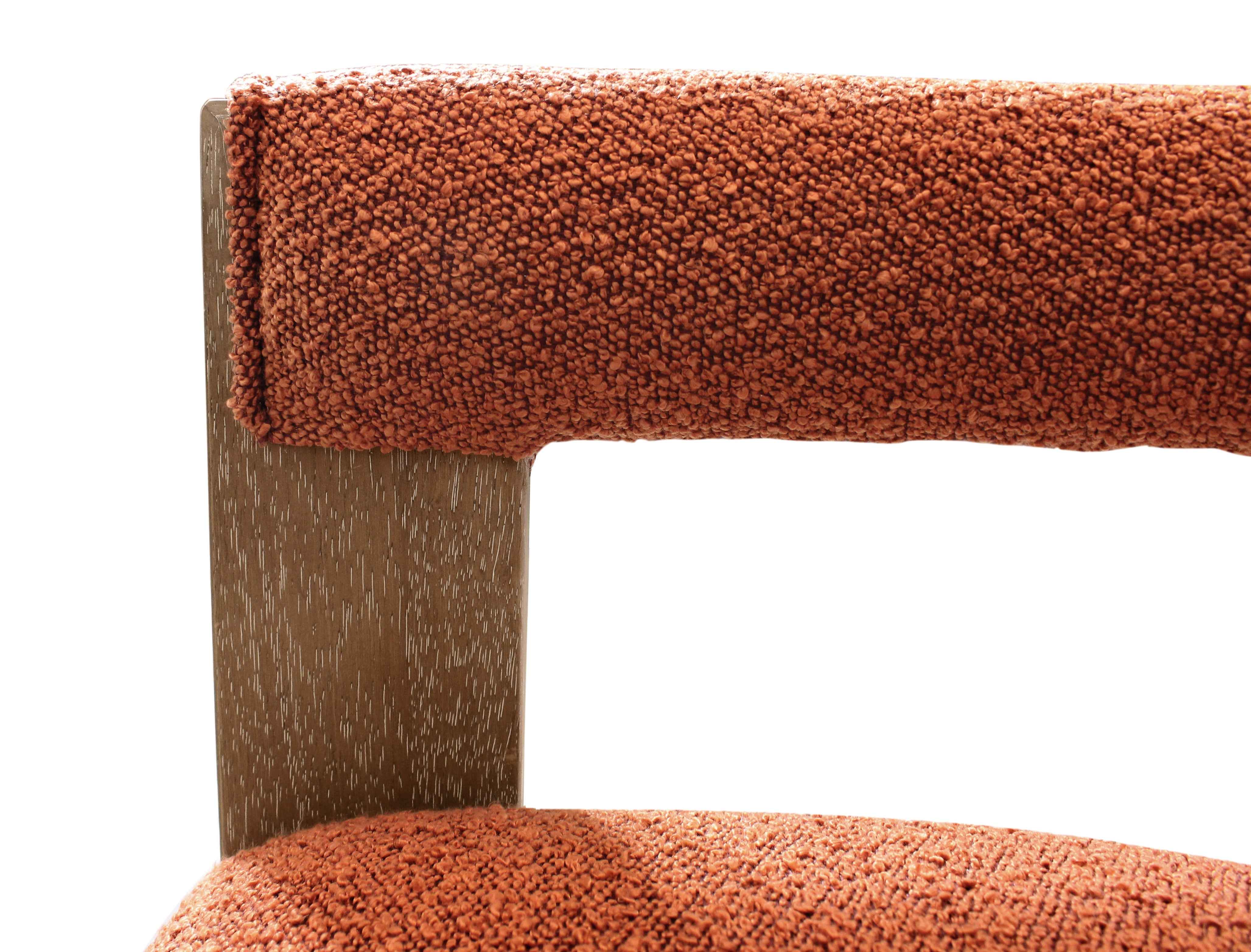 Burnt Orange and Brown Upholstered Boucle Open Back Dining Arm Chair