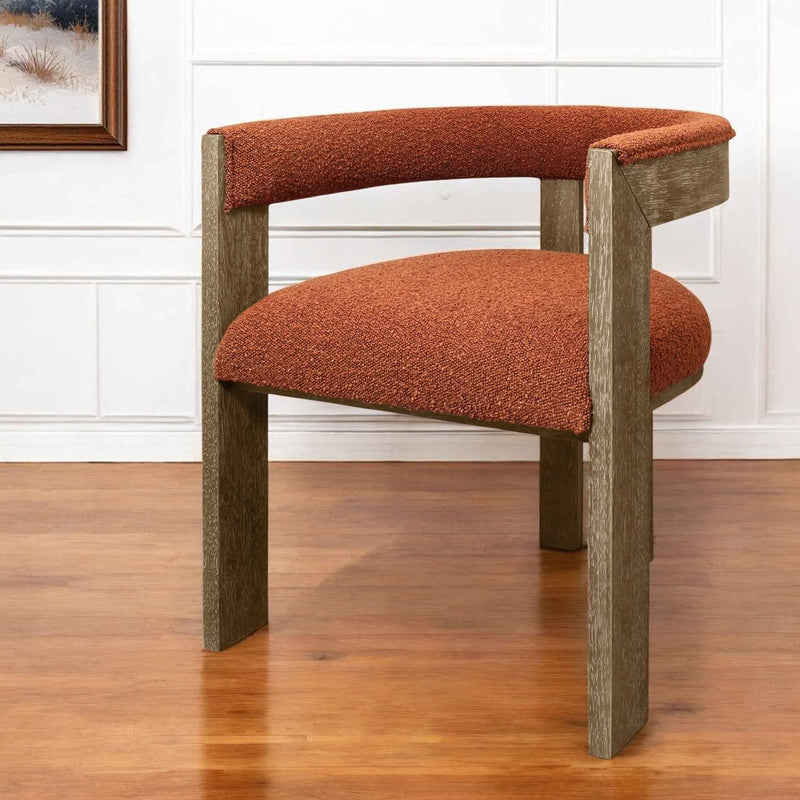 Burnt Orange and Brown Upholstered Boucle Open Back Dining Arm Chair