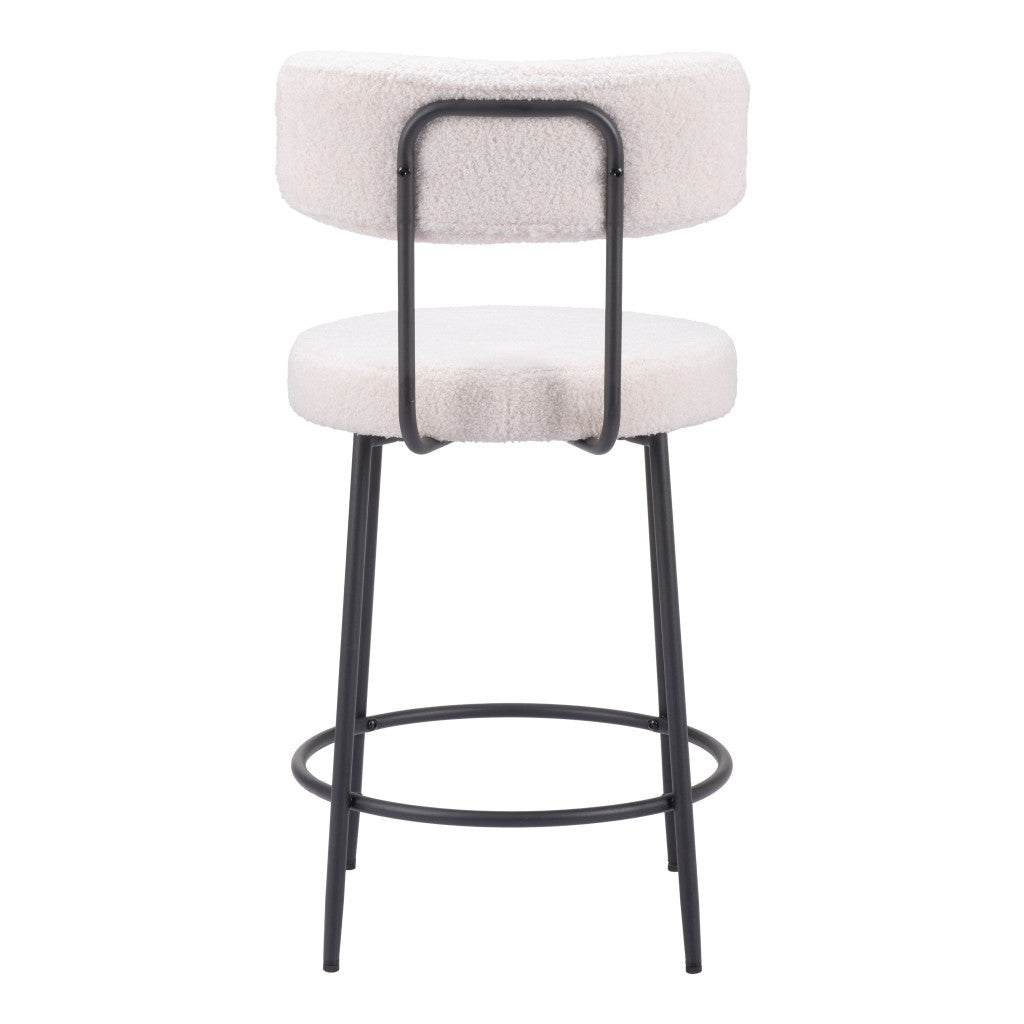 Set of Two 25" Ivory and Black Shearling and Steel Low Back Counter Height Bar Chairs Default Title