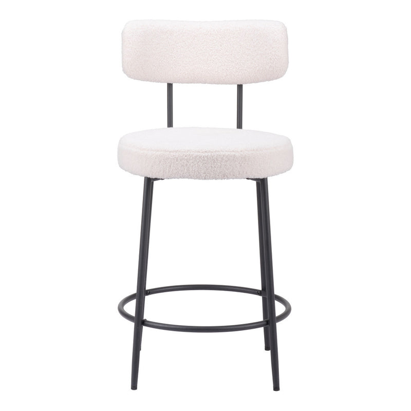 Set of Two 25" Ivory and Black Shearling and Steel Low Back Counter Height Bar Chairs