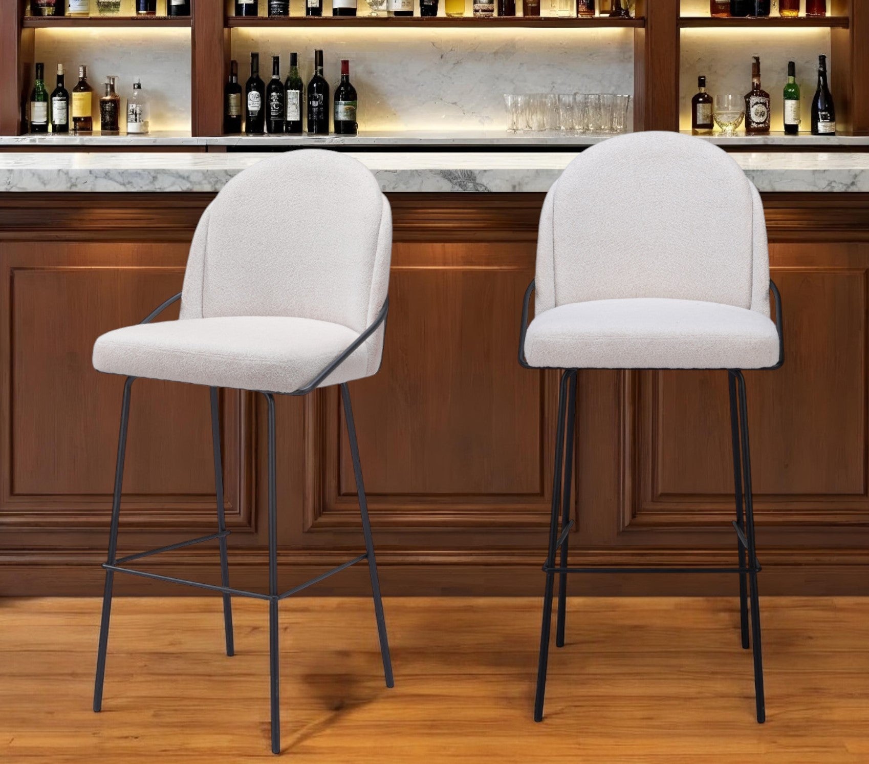 Set of Two 30" Ivory And Black Shearling And Steel Bar Height Bar Chairs Default Title