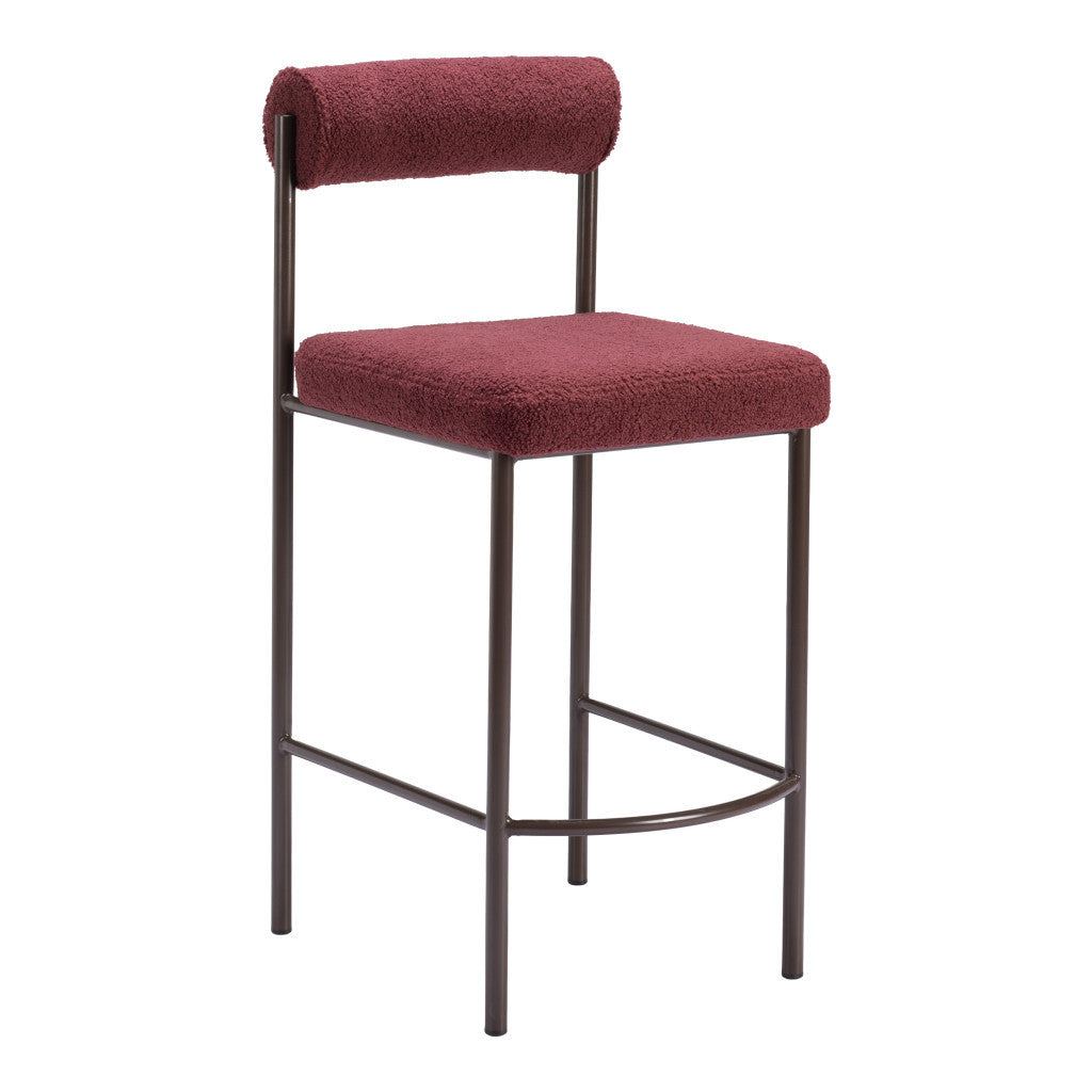 Set of Two 26" Red and Bronze Shearling and Steel Low Back Counter Height Bar Chairs