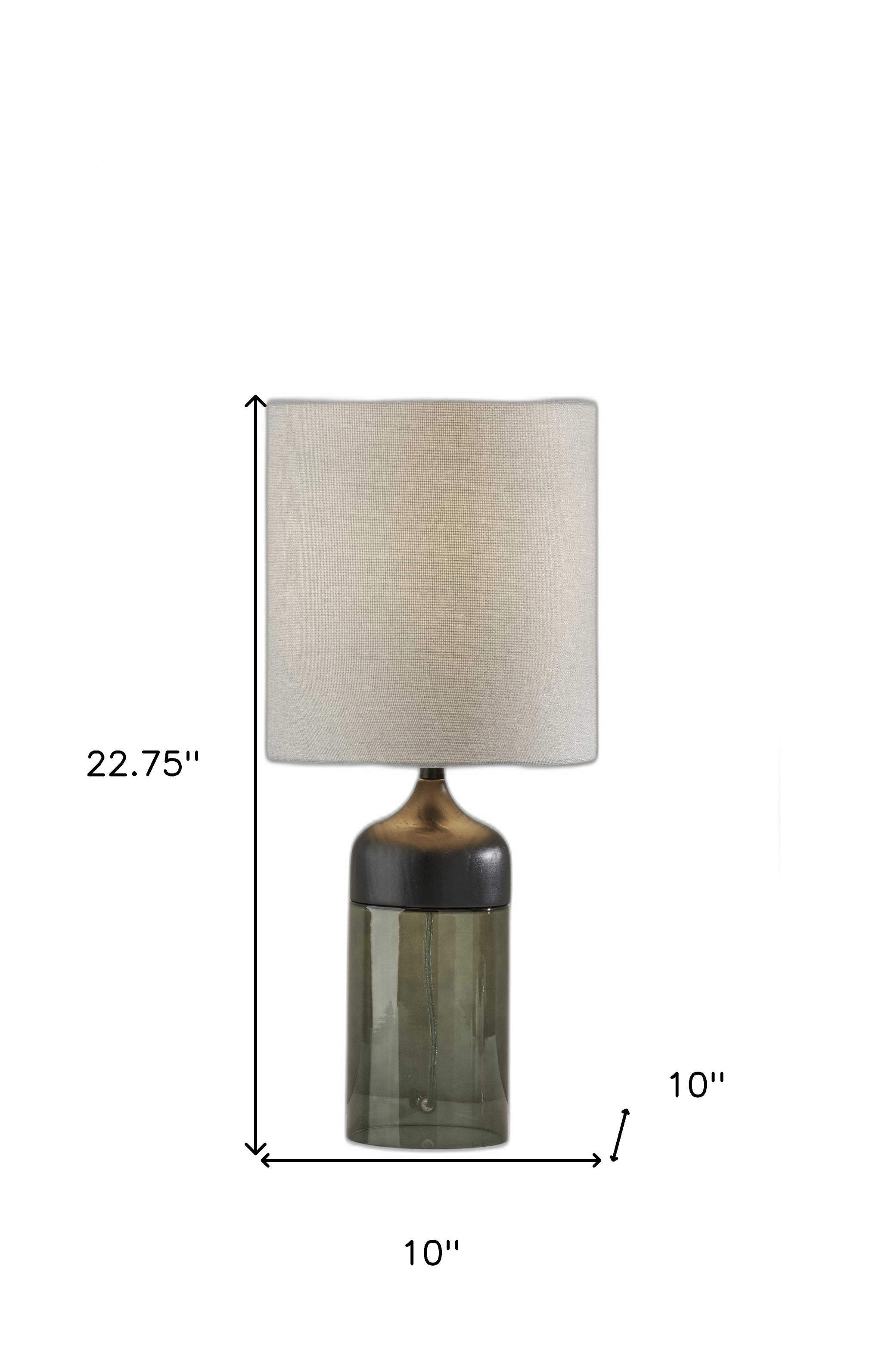 23" Black Wood And Smoked Glass Bedside Lamp With Gray Drum Shade - Lighting
