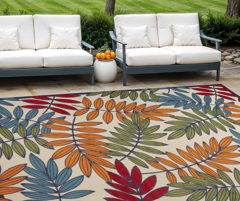 12' X 15' Ivory Blue And Orange Indoor Outdoor Area Rug